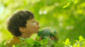 AI generated Little boy kissing planet earth against green nature background. Earth day, Enviroment Day, Save the World, Environmental conservation photo