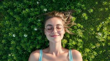 AI generated Relaxed woman laying down on green background. Top view portrait of young woman enjoy her freedom with nature, Natural alternative therapy photo