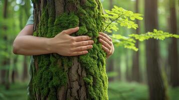 AI generated Hands hugginf big tree with green moss in forest. People protect pollution and climate change, Nature protection, Environmental conservation photo