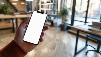 AI generated A man's hand holding a smartphone in modern office with white blank screen, First person view photo