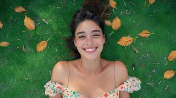 AI generated Relaxed woman laying down on green grass background. Top view of young woman enjoy her freedom with nature, Natural alternative therapy photo