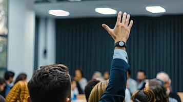 AI generated businessman raising hand during seminar. Businessman Raising Hand Up at a Conference to answer a question. photo