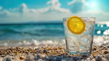 AI generated Cold drink with ice and a slice of lemon on the beach on a hot summer day photo