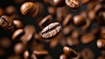 AI generated Coffee beans in flight on a dark background photo