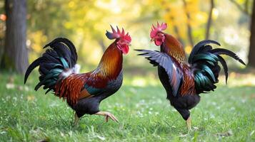 ai generado pelea de gallos es luchando en el césped. foto