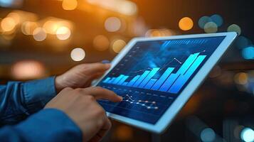 AI generated graph, business, chart, growth, success, analysis, investment, diagram, finance, marketing. close up hand has bar chart summary of years investment photo