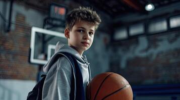 ai generado júnior nivel baloncesto jugador rebote baloncesto. joven baloncesto jugador con clásico pelota. baloncesto formación sesión para juventud. colegio Deportes clase foto