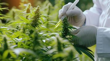 AI generated Researchers research and record data from cannabis plants on hemp farms. Medical marijuana, photo