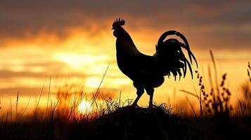 ai generado silueta de un gallo canto en el Mañana foto