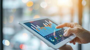 AI generated graph, business, chart, growth, success, analysis, investment, diagram, finance, marketing. close up hand has bar chart summary of years investment photo