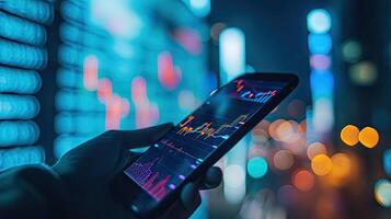 AI generated investment, graph, finance, financial, investing, technology, buy, sell, price, business. view at smartphone to check my position investment via indicator and experience. photo
