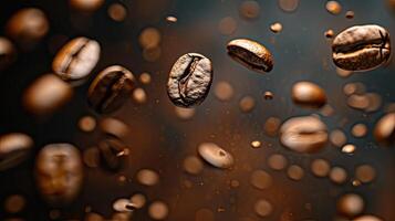 AI generated Coffee beans in flight on a dark background photo