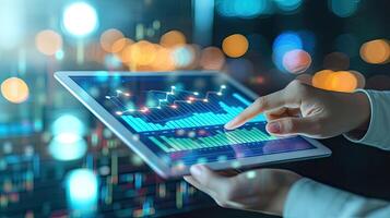 AI generated graph, business, chart, growth, success, analysis, investment, diagram, finance, marketing. close up hand has bar chart summary of years investment photo