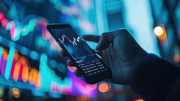 AI generated investment, graph, finance, financial, investing, technology, buy, sell, price, business. view at smartphone to check my position investment via indicator and experience. photo