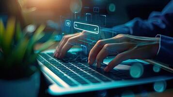 AI generated Male hand using computer keyboard to search information, using search bar function on your website, search engine optimization photo