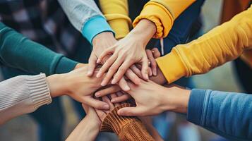 AI generated Panoramic Teamwork,empathy,partnership and Social connection in business join hand together concept.Hand of diverse people connecting photo