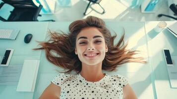 AI generated Relaxed woman laying down in modern office. Happy young businesswoman taking a break time photo