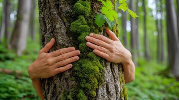 ai generado manos abrazando grande árbol con verde musgo en bosque. personas proteger contaminación y clima cambiar, naturaleza proteccion, ambiental conservación foto