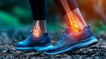 AI generated Ankle Pain, Human Ankle X-ray illustration Anatomy, Highlight Bones and Potential injuries photo