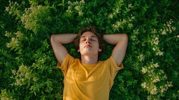 AI generated Relaxed man laying down on green background. Top view portrait of young man enjoy his freedom with nature, Natural alternative therapy photo