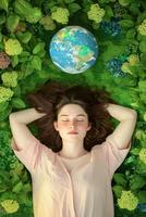 AI generated Relaxed woman laying down with earth on green background. Earth day, Enviroment Day, Save the planet, Environmental conservation photo