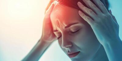 AI generated Woman suffering from headache. Depressed and stressed woman because of pain and migraine, touch her his temples, tension problem, vertigo or dizziness photo