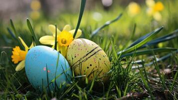 AI generated Easter eggs hiding in the grass with daffodil photo