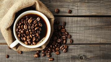 AI generated cup of coffee and coffee beans in a sack on wooden background, top view photo