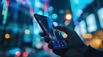 AI generated investment, graph, finance, financial, investing, technology, buy, sell, price, business. view at smartphone to check my position investment via indicator and experience. photo