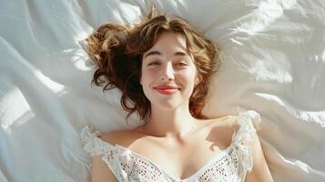 AI generated Relaxed serene female laying down on the bed. Happy young woman taking a break time, Resting on the bed and enjoy her weekend at home photo