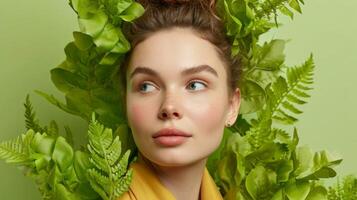 AI generated Portrait of beautiful woman with green leaves for natural products advertising. Attrative brunette girl with healthy skin, Smooth face, Beauty treatments, Cosmetics photo