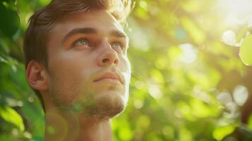 AI generated Portrait of young man with green leaves for natural products advertising. Attrative relaxed man on green nature background photo