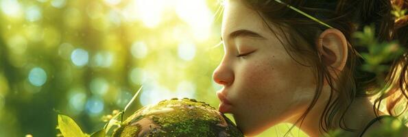 AI generated Attractive woman kissing planet earth against green nature background. Earth day, Enviroment Day, Save the World, Environmental conservation photo