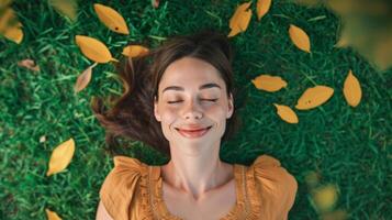 AI generated Relaxed woman laying down on green grass background. Top view of young woman enjoy her freedom with nature, Natural alternative therapy photo