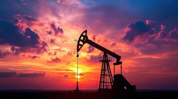 ai generado petróleo bomba petróleo plataforma energía industrial máquina para petróleo en el puesta de sol antecedentes foto