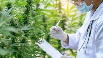 AI generated Researchers research and record data from cannabis plants on hemp farms. Medical marijuana, photo