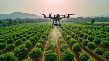 ai generado agricultura zumbido mosca a rociado fertilizante en fila de mandioca árbol. inteligente granjero utilizar zumbido para varios campos me gusta investigación análisis foto