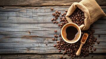 AI generated cup of coffee and coffee beans in a sack on wooden background, top view photo