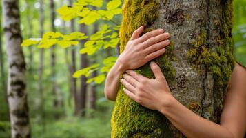 ai generado manos abrazando grande árbol con verde musgo en bosque. personas proteger contaminación y clima cambiar, naturaleza proteccion, ambiental conservación foto