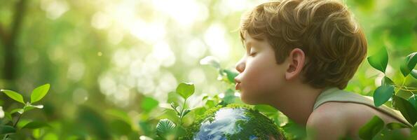 AI generated Little boy kissing planet earth against green nature background. Earth day, Enviroment Day, Save the World, Environmental conservation photo