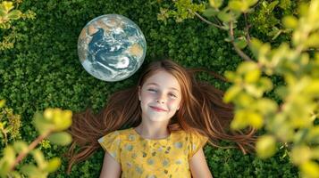 ai generado relajado niña tendido abajo con tierra en verde antecedentes. tierra día, medio ambiente día, salvar el planeta, ambiental conservación foto