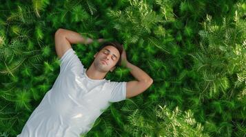 AI generated Relaxed man laying down on green background. Top view portrait of young man enjoy his freedom with nature, Natural alternative therapy photo