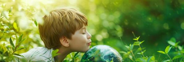 AI generated Little boy kissing planet earth against green nature background. Earth day, Enviroment Day, Save the World, Environmental conservation photo