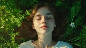 AI generated Relaxed woman laying down on green background. Top view portrait of young woman enjoy her freedom with nature, Natural alternative therapy photo