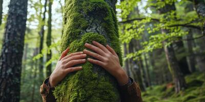 ai generado manos abrazando grande árbol con verde musgo en bosque. personas proteger contaminación y clima cambiar, naturaleza proteccion, ambiental conservación foto