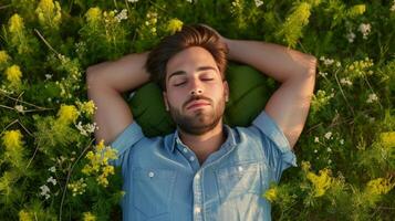 AI generated Relaxed man laying down on green background. Top view portrait of young man enjoy his freedom with nature, Natural alternative therapy photo