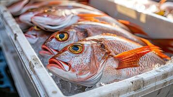 ai generado Fresco pescado en envase caja foto