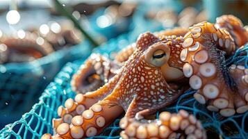 AI generated many brown octopus was brought to the sun on the blue net placed on bamboo photo