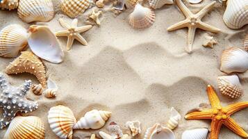 AI generated Sea sand with starfish and shells. Top view with copy space. photo