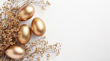 AI generated Stylish golden eggs easter concept. Easter gold eggs with golden dried flax linum bunch white background. Flat lay trendy easter. photo